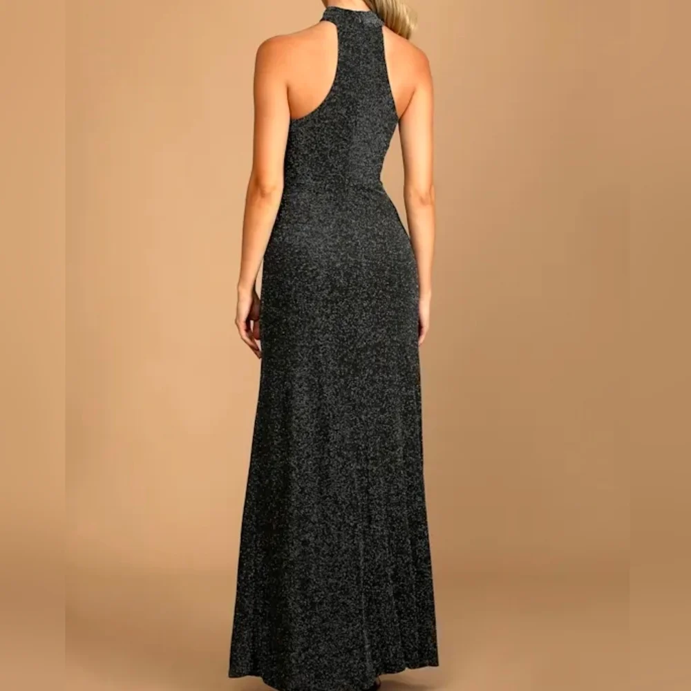 Lulus S Devoted to Dazzling Black Sparkly Halter Mermaid Maxi Dress, Size Small